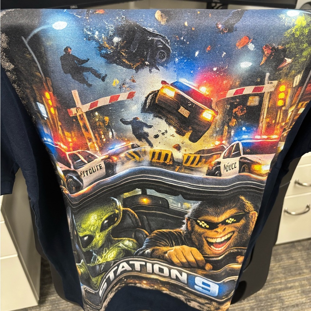 Men's Navy Short Sleeve Graphic Tee with Alien & Ape Scene